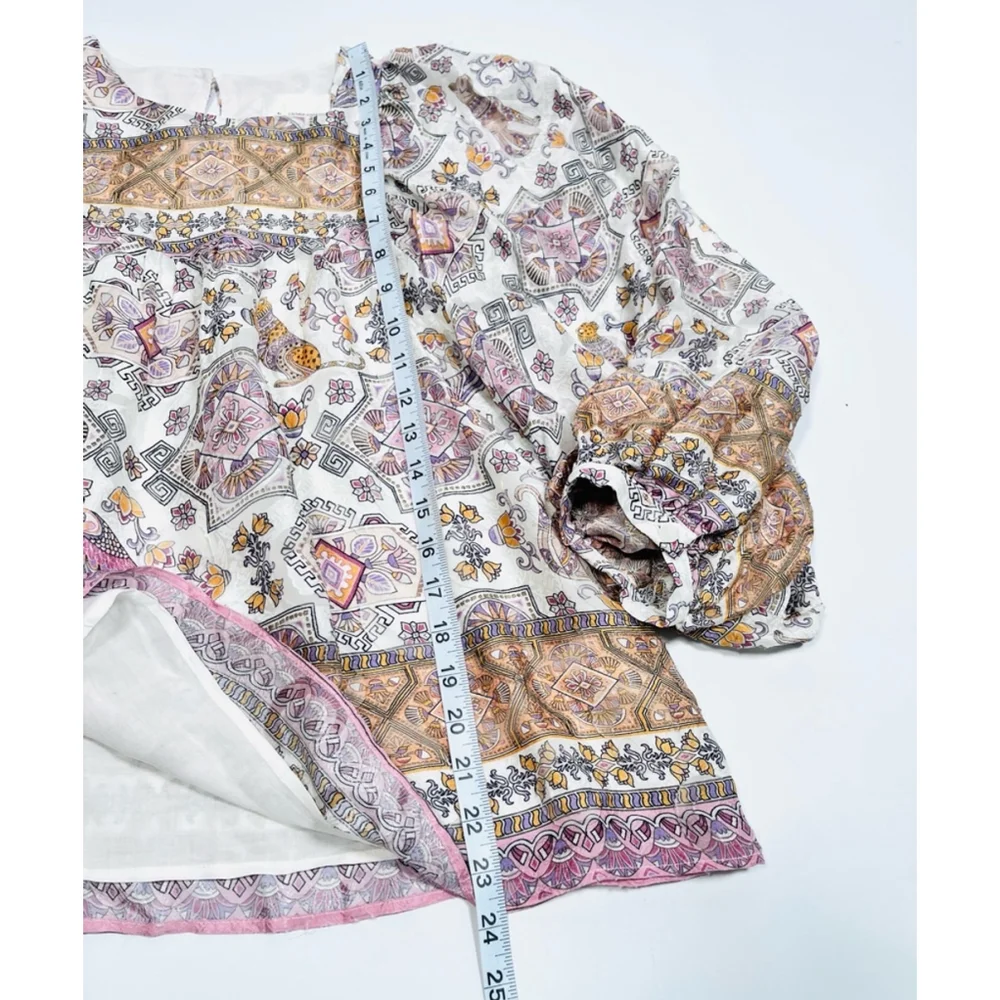 Anthropology Silk Blouse S White Purple Tan Orange Bohemian Floral Puff sleeve
